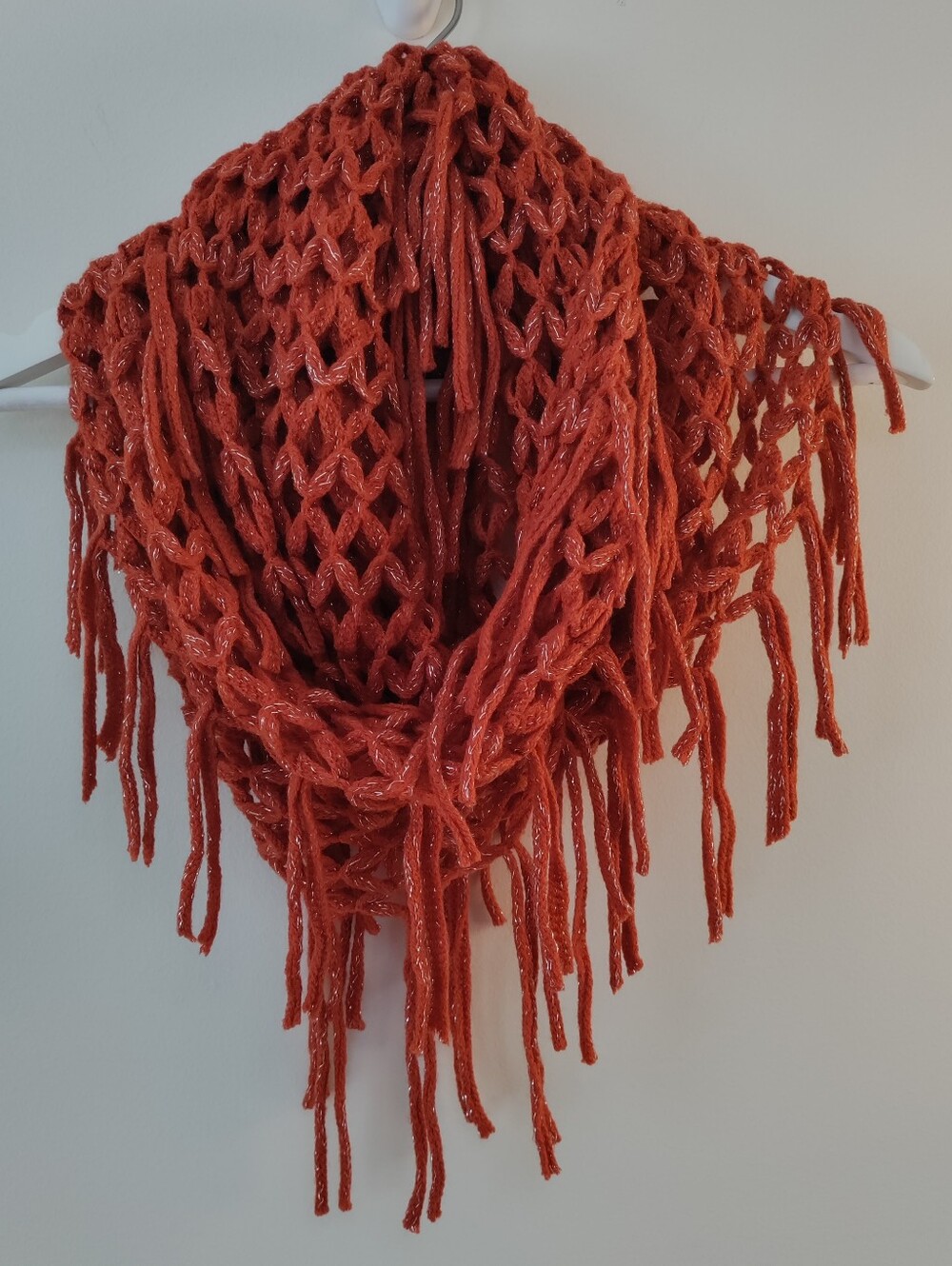 Crochet Orange Open Knit Fringe Tasseled Infinity Scarf